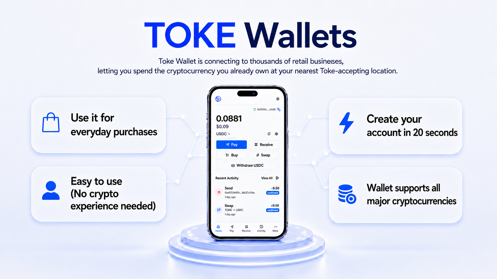 Consumer wallets — send, receive and manage TOKE from a phone