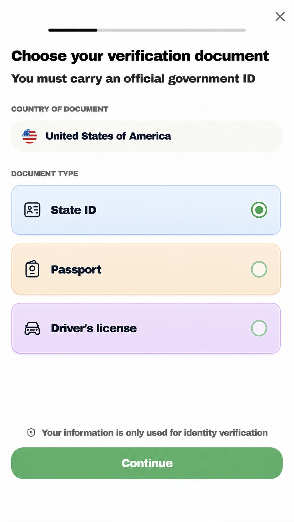 Identity verification screen listing the accepted document types and a continue action